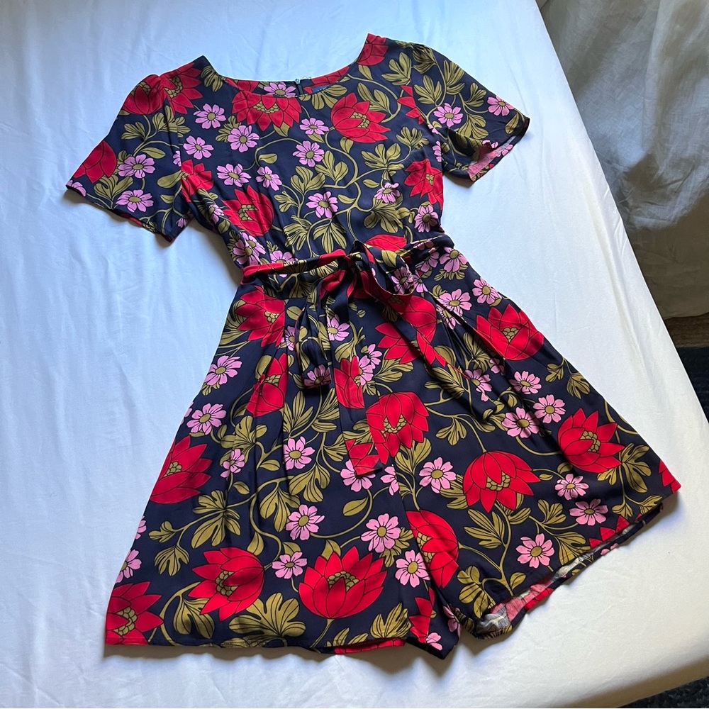 PRINCESS HIGHWAY navy blue red floral short sleeve belted romper